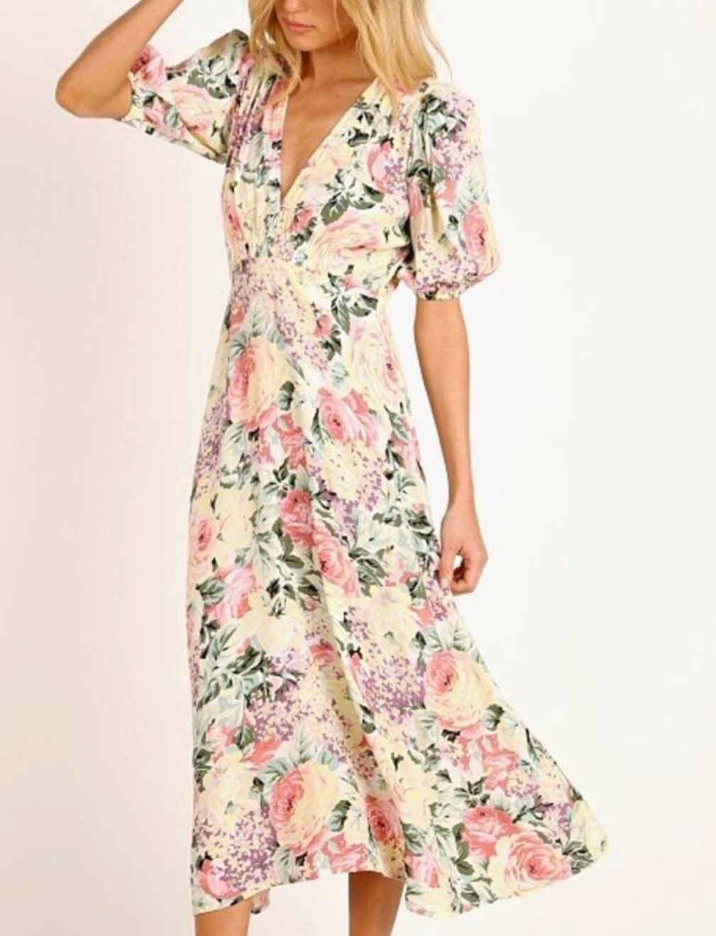 Faithfull The Brand Midi Dress Vittoria Yellow Floral V-Neck Short Sleeve Medium